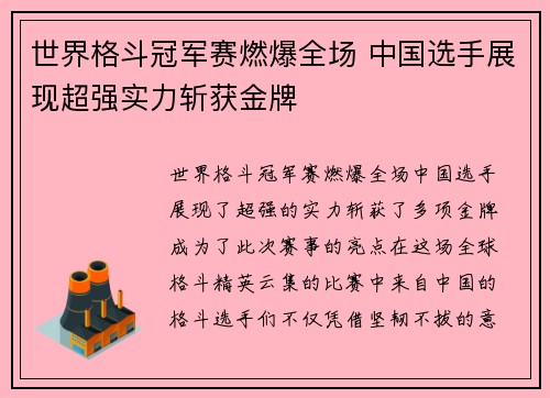 世界格斗冠军赛燃爆全场 中国选手展现超强实力斩获金牌