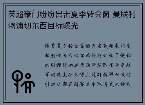 英超豪门纷纷出击夏季转会窗 曼联利物浦切尔西目标曝光