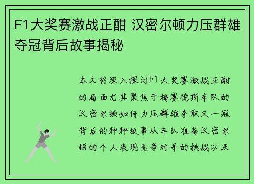 F1大奖赛激战正酣 汉密尔顿力压群雄夺冠背后故事揭秘
