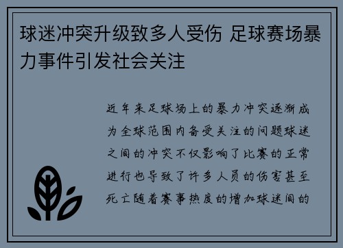 球迷冲突升级致多人受伤 足球赛场暴力事件引发社会关注