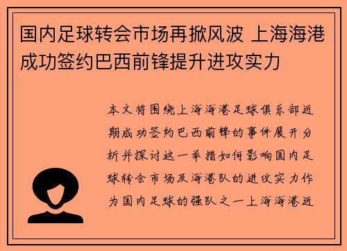 国内足球转会市场再掀风波 上海海港成功签约巴西前锋提升进攻实力